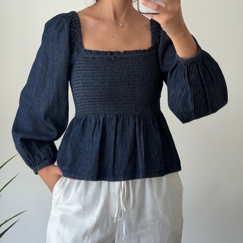 J. Crew Denim Babydoll Blouse Womens Small Blue Dark Indigo Puff Sleeve Smocked